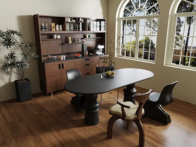 Modern Dining Chairs Around Oval Black Table With Brown Cabinet Large Windows And Wooden Floor 3d model