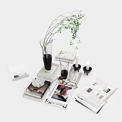 Stylish Books And Magazines Display With Vase Green Plants And Candles On Tabletop 3d model