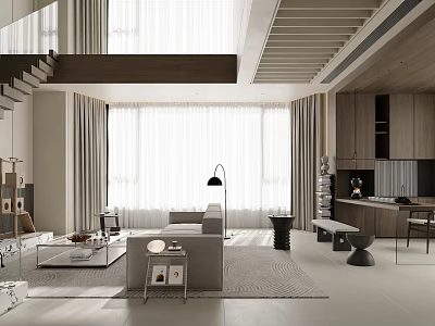 Modern Minimalist Open Concept Dining Living Room With Large Windows Wooden Elements Sofa Coffee Table And Lighting 3d model