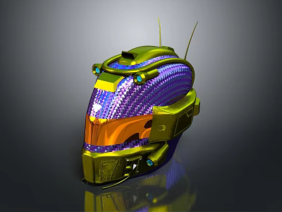 Futuristic Sci Fi Style Helmet With Gold Purple Orange Accents Transparent Visor And Antenna Design 3d model