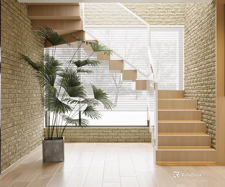 Modern Interior Space With Wooden Staircase Brick Wall Window Blinds And Potted Plant 3d model 