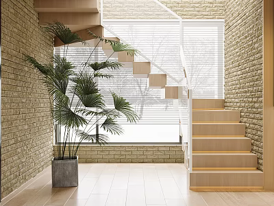 Modern Interior Space With Wooden Staircase Brick Wall Window Blinds And Potted Plant 3d model
