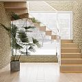 Modern Interior Space With Wooden Staircase Brick Wall Window Blinds And Potted Plant