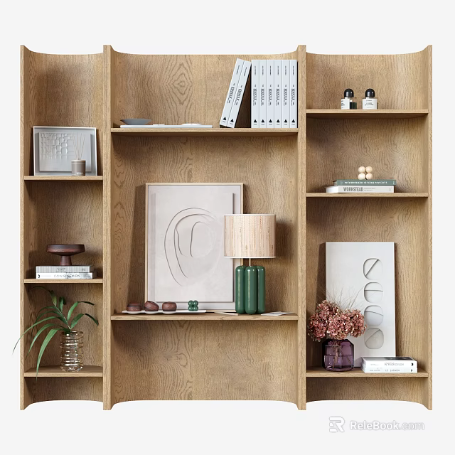 Wooden Wall Shelving Unit With Multiple Shelves Books Decorative Items Vases And Table Lamp 3d model 