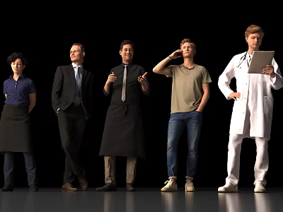 Group of Diverse People Standing Together in Various Outfits Representing Different Roles 3d model