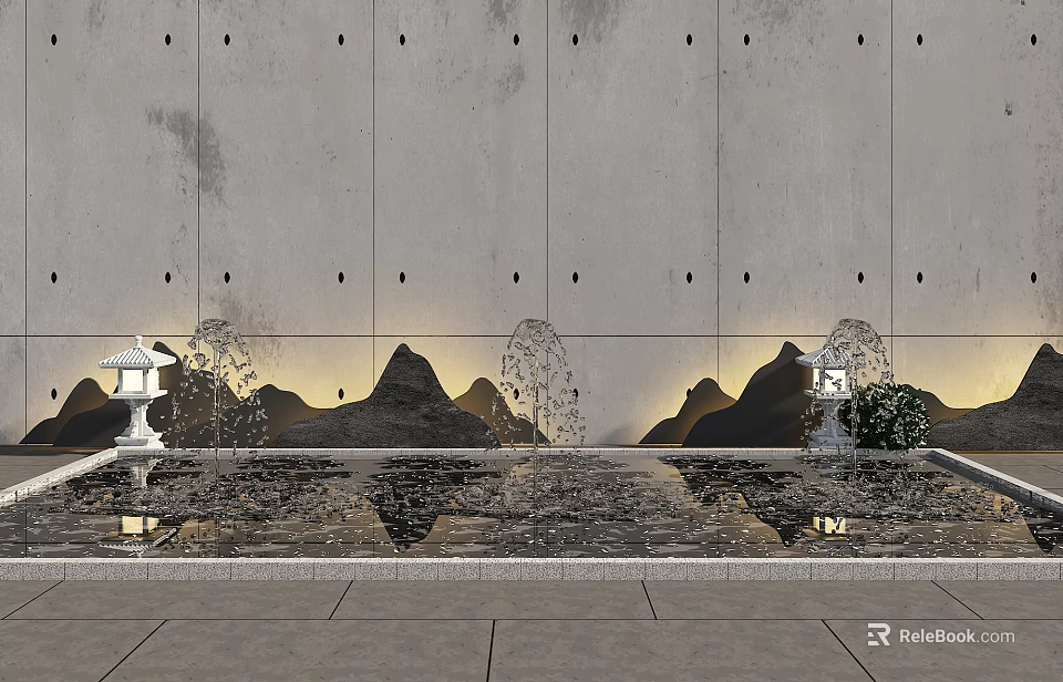 Tranquil Garden Ornaments with Water Pool Reflections Stone Lanterns and Mountain Shaped Decor 3d model 
