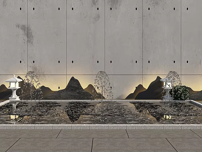 Tranquil Garden Ornaments with Water Pool Reflections Stone Lanterns and Mountain Shaped Decor 3d model