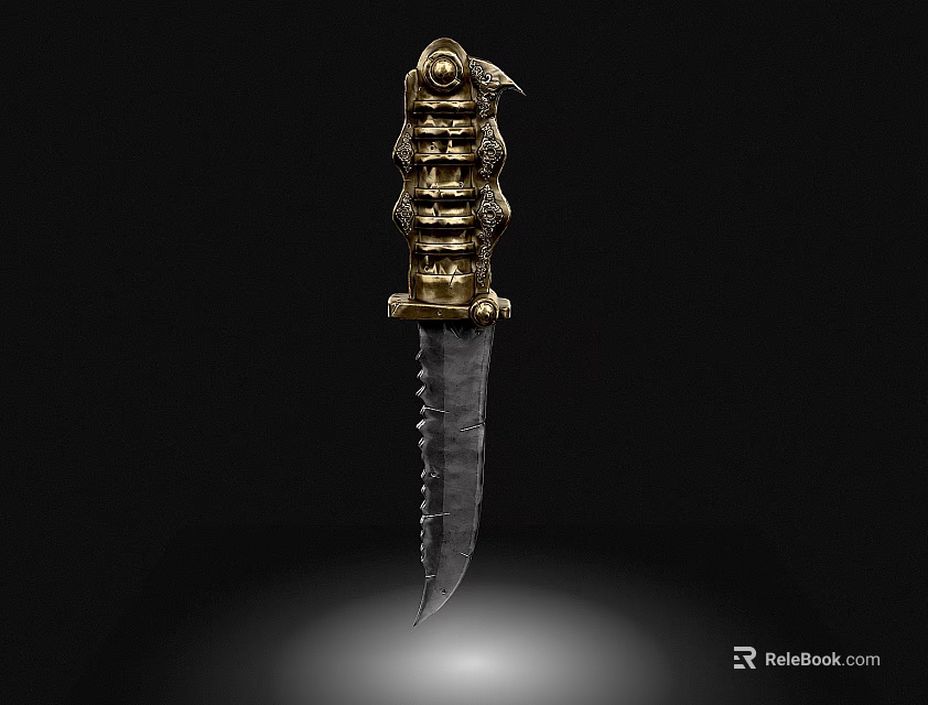 Decorative Knife With Golden Hilt Intricate Carvings And Serrated Blade 3d model 