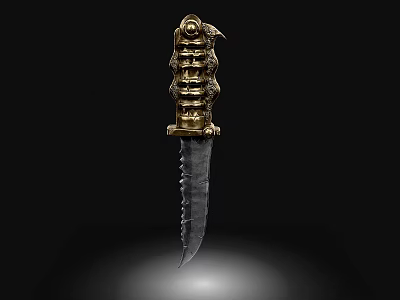 Decorative Knife With Golden Hilt Intricate Carvings And Serrated Blade 3d model