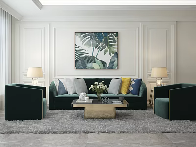Elegant Modern Sofa Coffee Table Set With Throw Pillows Leaf Artwork And Green Armchairs 3d model