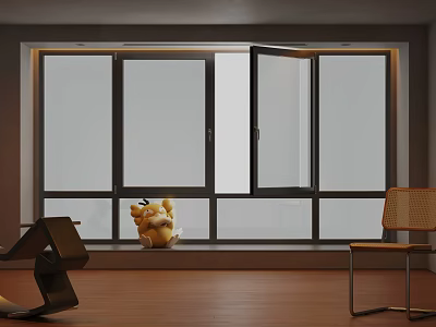 Open Casement Window With Black Frame In Interior Room Wooden Floor And Chair 3d model