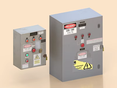 Gray Electrical Control Boxes With Buttons Indicator Lights And Warning Labels 3d model
