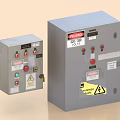 Gray Electrical Control Boxes With Buttons Indicator Lights And Warning Labels 3d model