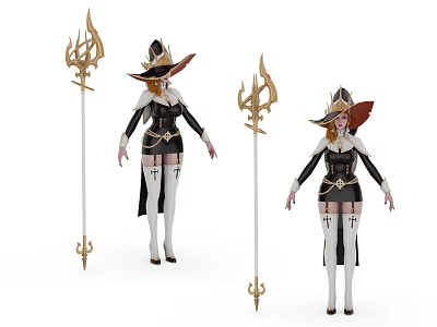Fantasy Game and Movie Character with Wide Brimmed Hat Red Hair Golden Staff 3d model