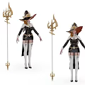 Fantasy Game and Movie Character with Wide Brimmed Hat Red Hair Golden Staff