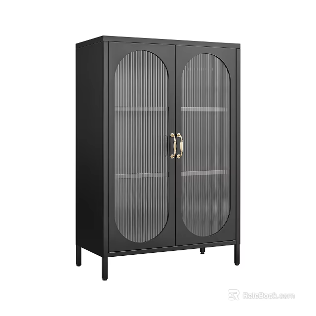 Modern Black Sideboard With Ribbed Glass Doors Gold Handles And Metal Legs 3d model 