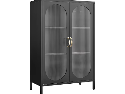Modern Black Sideboard With Ribbed Glass Doors Gold Handles And Metal Legs 3d model