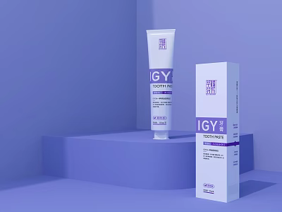 Elegant IGY Plus Toothpaste Display Set With Tube And Box On Purple Stand 3d model