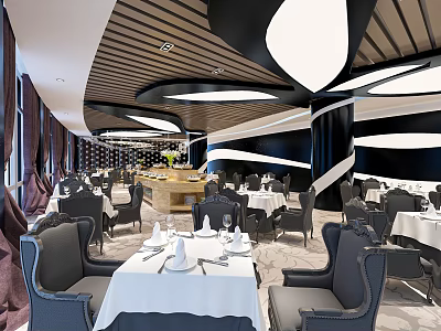 Modern Banquet Hall Interior Design With Stylish Ceiling Lighting White Tablecloths And Gray Chairs 3d model