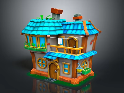 Colorful Cartoon House Scene With Blue Roof Balcony Plants And Wooden Door 3d model