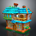 Colorful Cartoon House Scene With Blue Roof Balcony Plants And Wooden Door