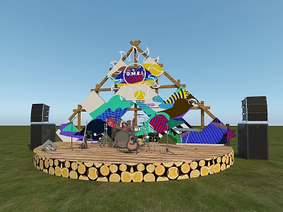 Outdoor Wooden Stage with Colorful Decorations FUN Sign and Speakers on Grass Field 3d model