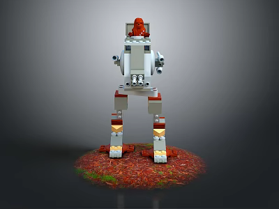 Lego Style Red And White Robot Model Standing On Green Red Mossy Grass Base 3d model