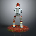 Lego Style Red And White Robot Model Standing On Green Red Mossy Grass Base