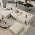 Modern Beige L-shaped Sofa Coffee Table Set with Round Table Wooden Accents and Green Plant