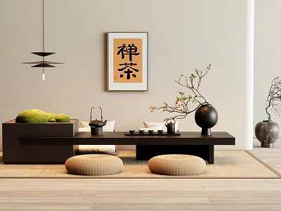 Zen Tea Table With Beige Floor Cushions Tea Set Vase And Twig On Wooden Floor 3d model