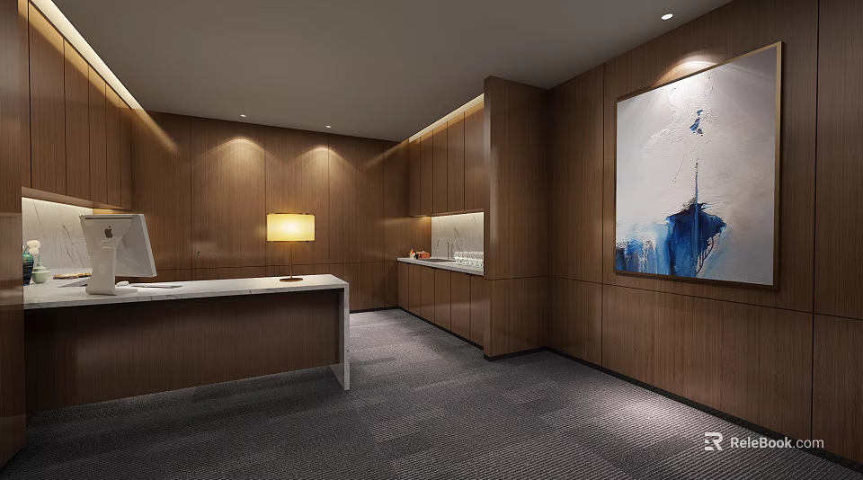 Modern Office Interior With Wooden Walls Reception Desk Ambient Lighting And Abstract Painting 3d model 