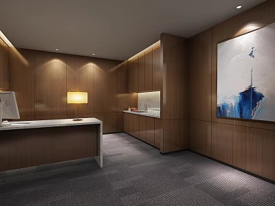 Modern Office Interior With Wooden Walls Reception Desk Ambient Lighting And Abstract Painting 3d model