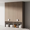 Modern Light Wood Wardrobe With Circular Knobs And Striped Base Storage Compartments 3d model