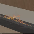 Modern Sleek Built-in Fireplace With Burning Flames Under Light Wooden Cabinets And Dark Marble Countertop