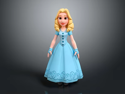 Blonde Cartoon Princess in Blue Dress With Decorative Patterns And Blue Gloves On Gray Background 3d model