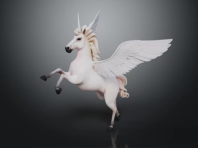 White Unicorn Statue With Wings In Standing Pose On Dark Background 3d model