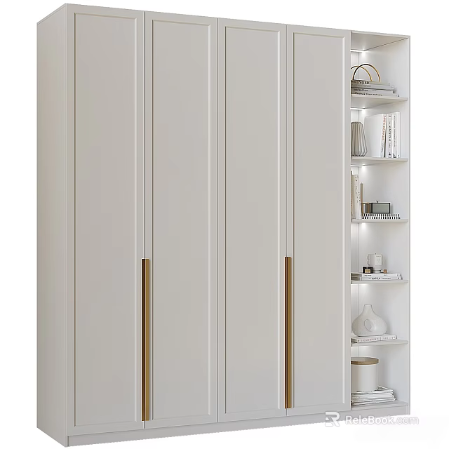 Modern White Wardrobe With Gold Handles And Open Shelves With Decorative Items And Lighting 3d model 
