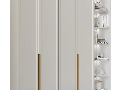 Modern White Wardrobe With Gold Handles And Open Shelves With Decorative Items And Lighting 3d model