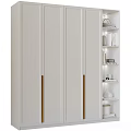 Modern White Wardrobe With Gold Handles And Open Shelves With Decorative Items And Lighting