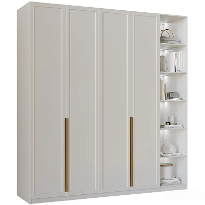 Modern White Wardrobe With Gold Handles And Open Shelves With Decorative Items And Lighting 3d model