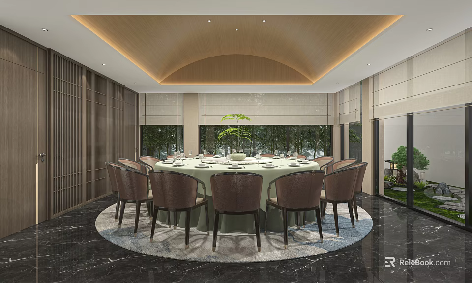 Luxurious Private Dining Room With Round Table Upholstered Chairs And Marble Flooring 3d model