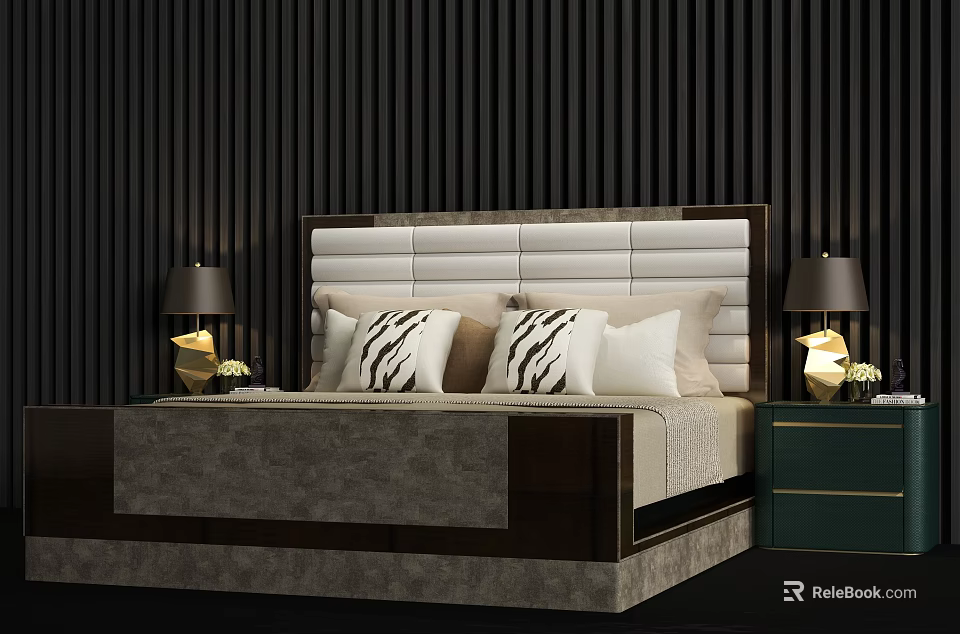 Luxurious Double Bed With Beige White Panel Headboard In Black Striped Wall And Nightstand Lamps 3d model 