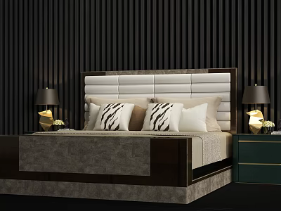 Luxurious Double Bed With Beige White Panel Headboard In Black Striped Wall And Nightstand Lamps 3d model