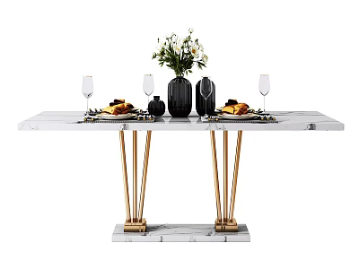 Elegant Marble Top Dining Table With Gold Metal Legs Greenery Wine Glasses And Plated Food 3d model