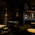 Modern Industrial Café Interior With Bar Counter High Stools Pendant Lights And Wooden Floors