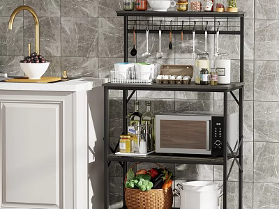 Multi tier Kitchen Storage Shelf With Spices Cooking Utensils Microwave And Vegetable Basket 3d model