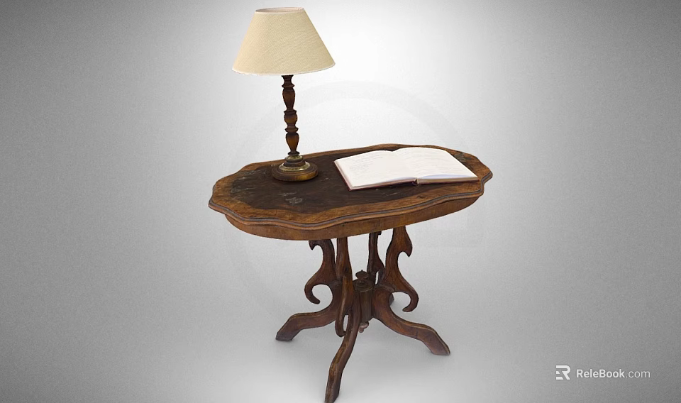 Vintage Wooden Round Side Table With Table Lamp And Open Book Carved Legs 3d model 