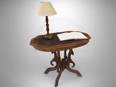 Vintage Wooden Round Side Table With Table Lamp And Open Book Carved Legs 3d model