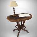 Vintage Wooden Round Side Table With Table Lamp And Open Book Carved Legs