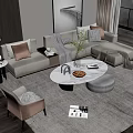 Elegant Modern Beige Sofa With Pillows And Round Coffee Table Set In Cozy Living Room